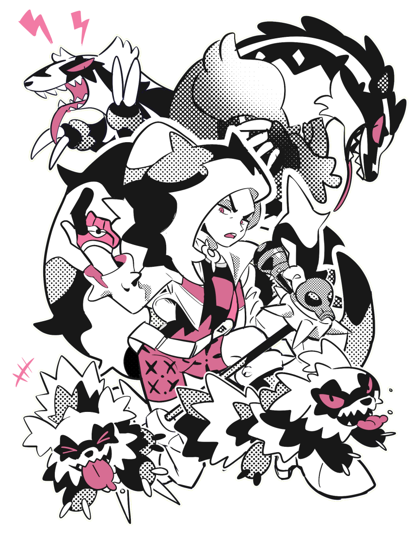 1boy belt bike_shorts black_hair commentary_request evolutionary_line galarian_form galarian_linoone galarian_zigzagoon gen_8_pokemon gloves gogeyama highres jacket male_focus microphone microphone_stand multicolored_hair nintendo obstagoon open_clothes open_jacket open_mouth partially_fingerless_gloves piers_(pokemon) pink_eyes pokemon pokemon_(creature) pokemon_swsh ponytail shirt simple_background teeth two-tone_hair upper_teeth_only white_background white_hair