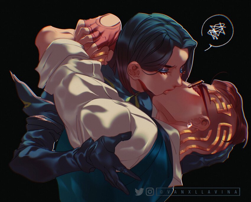 1boy 1girl black_background black_gloves black_hair black_vest chamber_(valorant) commentary couple earrings english_commentary eyeshadow fingerless_gloves glasses gloves highres hug instagram_logo instagram_username jewelry kiss makeup shirt simple_background spoken_squiggle squiggle twitter_logo twitter_username valorant vanxllavina vest viper_(valorant) white_shirt