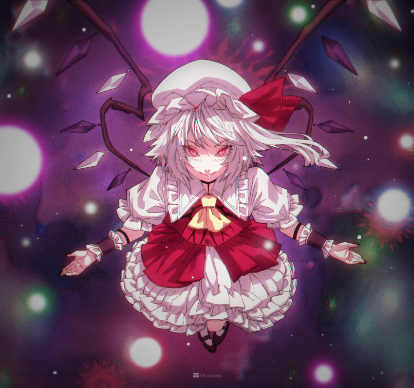 1girl alternate_costume alternate_hair_color alternate_wing_color alternate_wings arm_tattoo artist_name blush chest_tattoo commentary corruption crossover dark_persona dress english_commentary english_text flandre_scarlet floating glowing glowing_eyes hair_ribbon hat highres looking_at_viewer nail_(hardware) nail_polish neckerchief orochi_(kof) outstretched_arms ponytail possessed possession red_eyes red_nails ribbon shoes side_ponytail slit_pupils smile snk solo space spread_arms star_(symbol) sun tan tan_tattoo tattoo the_king_of_fighters touhou ultragruntyy white_hair wings wrist_cuffs zun