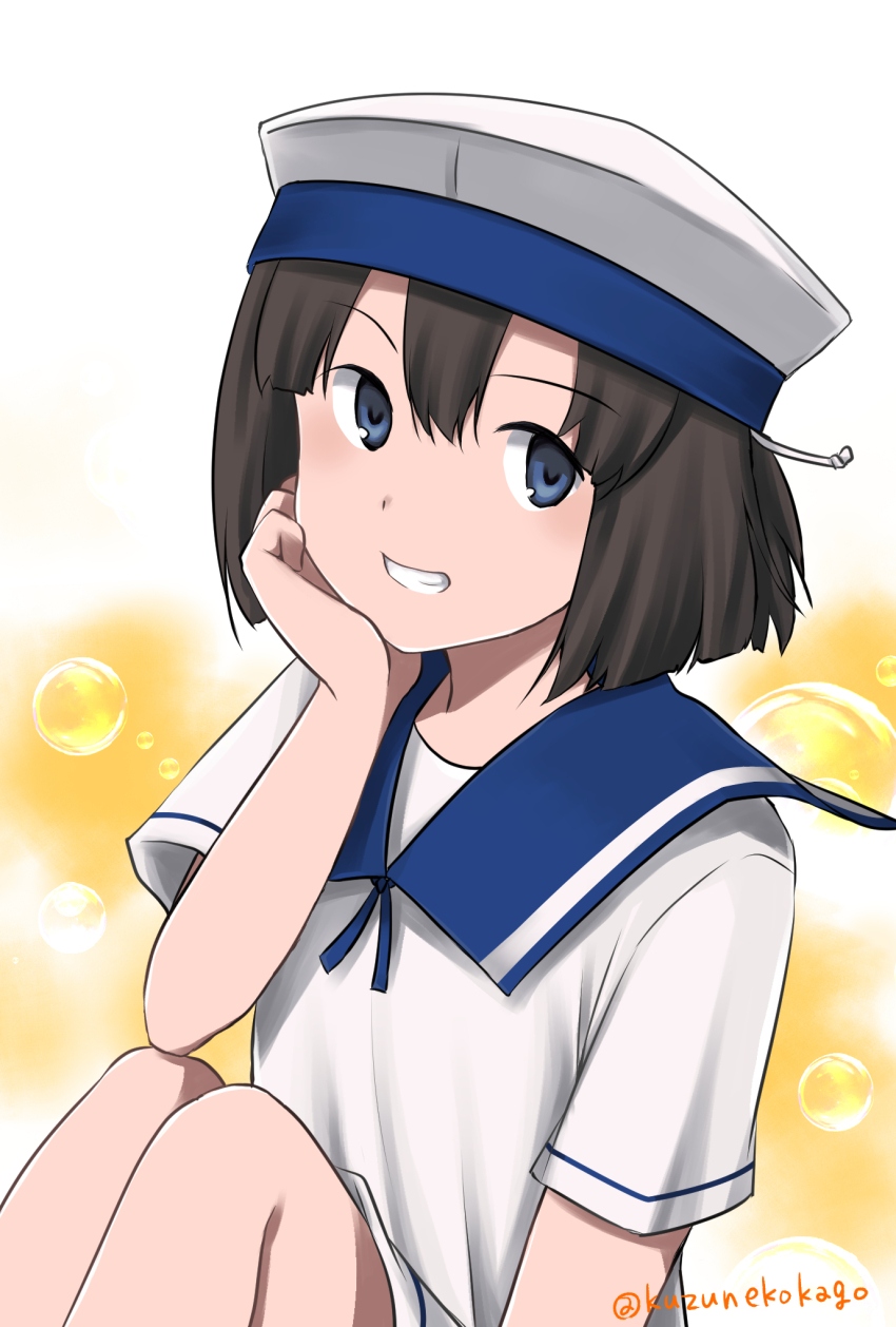 1girl air_bubble black_hair blue_eyes blue_sailor_collar bob_cut bubble daitou_(kancolle) dress hat high_ponytail highres kantai_collection looking_at_viewer one-hour_drawing_challenge ponytail sailor_collar sailor_dress sailor_hat shizukuneko short_hair short_ponytail short_sleeves sitting solo white_dress white_hat