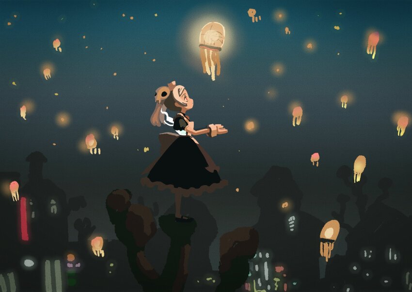 1girl adapted_costume apron bloody_marie_(skullgirls) blue_background brooch dress frilled_apron frills from_side full_body grey_hair hair_ornament highres jewelry kuroirozuki lantern looking_up maid_headdress paper_lantern puffy_short_sleeves puffy_sleeves red_eyes short_sleeves skull_hair_ornament skullgirls sky_lantern smile solo standing twintails