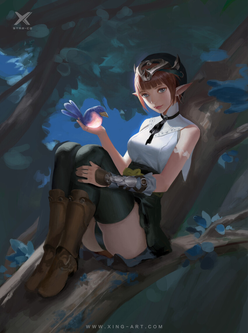 1girl animal armlet artist_name beret bird bird_on_hand black_brooch black_hat black_panties black_ribbon black_skirt black_thighhighs blue_bird blue_sky blunt_bangs boots breasts brown_boots brown_hair capelet check_copyright chinese_commentary closed_mouth commentary_request copyright_request dated_commentary day earrings elf eyelashes forest full_body gold_earrings grey_eyes hand_on_own_leg hat headgear high-waist_skirt highres holding holding_animal hoop_earrings in_tree jewelry knees_up leaf lipstick makeup medium_breasts miniskirt nature neck_ribbon original outdoors panties pantyshot pink_lips pleated_skirt pointy_ears ribbon shirt short_hair single_bracer sitting sitting_in_tree skirt sky sleeveless sleeveless_shirt smile solo starlab thighhighs tree turtleneck_capelet underwear upskirt water white_capelet white_shirt