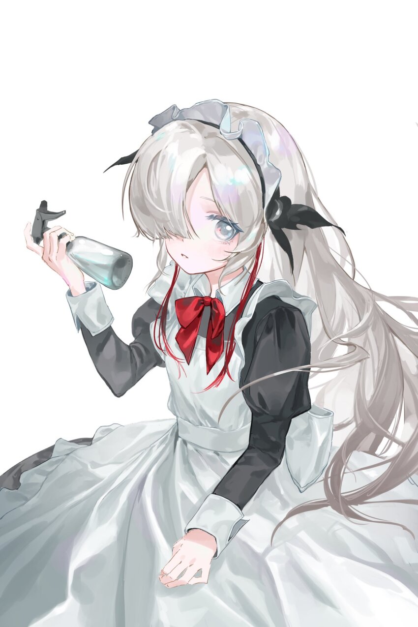 1girl apron black_dress blue_eyes bottle collar dress grey_hair hair_over_one_eye highres holding holding_bottle isekaijoucho juliet_sleeves kamitsubaki_studio long_hair long_sleeves maid_headdress one_eye_closed parted_lips puffy_sleeves red_ribbon ribbon simple_background solo spray_bottle teeth white_apron white_background white_collar wusubamineko