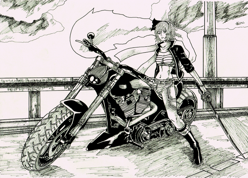 1girl biker female_focus graphite_(medium) highres hitodama konpaku_youmu konpaku_youmu_(ghost) md5_mismatch monochrome motor_vehicle motorcycle resized solo sword touhou traditional_media tres-iques vehicle weapon