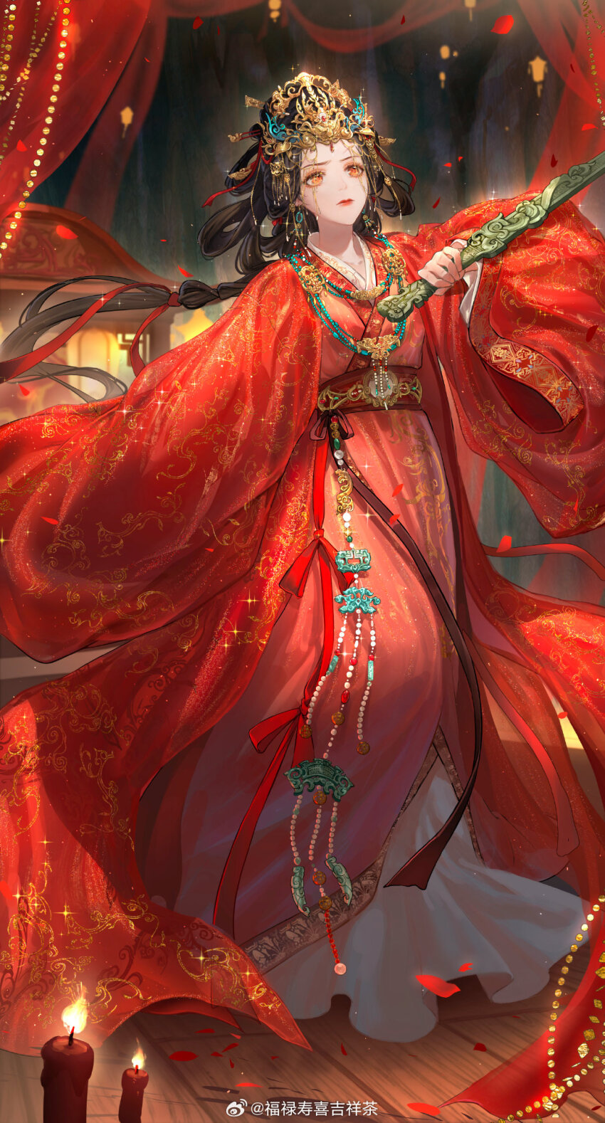 1girl beads black_hair bow candle character_request chinese_clothes chinese_commentary closed_mouth commentary_request crown curtains eyelashes falling_petals fire floating_clothes floating_hair floral_print frilled_hanfu full_body gold_crown hair_rings hanfu highres holding holding_sword holding_weapon indoors jewelry lipstick liquid_from_eyes long_hair long_sleeves looking_ahead low-tied_long_hair low_ponytail luckytea_777 makeup necklace nikki_(series) petals ponytail red_bow red_hanfu red_lips red_robe robe rose_petals shining_nikki solo stage sword very_long_hair watermark weapon weibo_watermark wide_sleeves wooden_floor wuxia yellow_eyes zhengban_qing_tuanzi