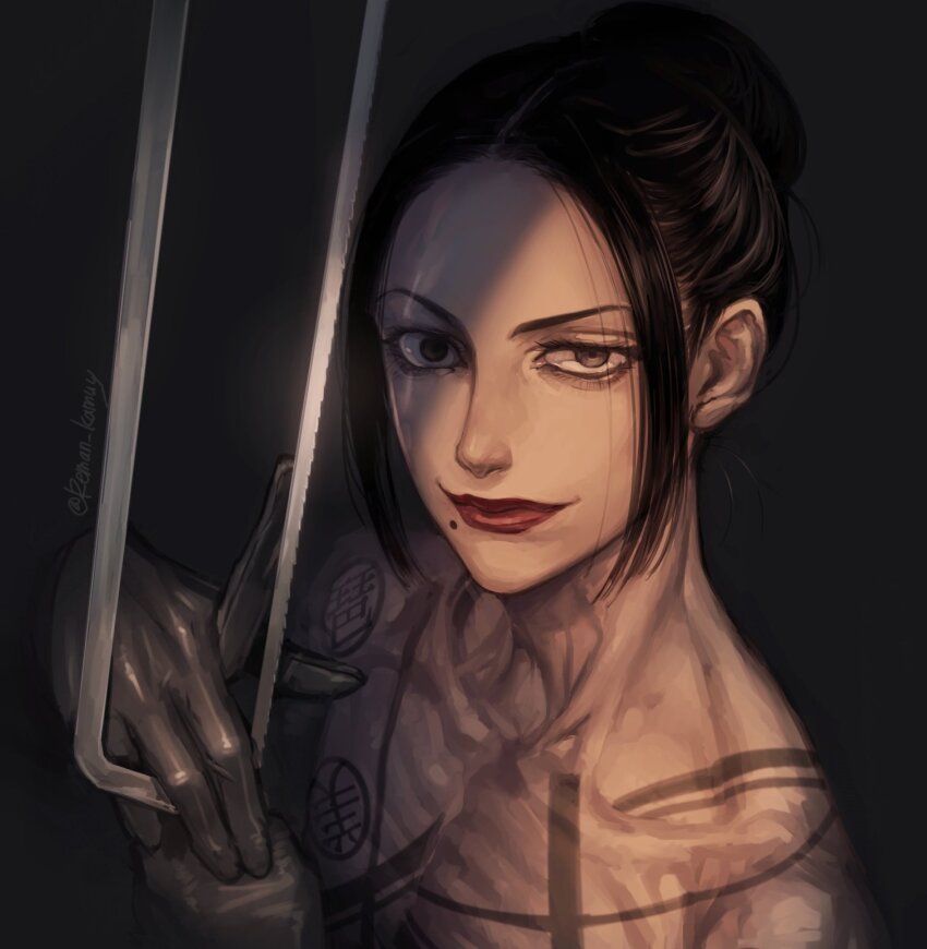 1boy black_background black_eyes black_gloves black_hair chest_tattoo collarbone eyelashes gloves golden_kamuy hacksaw hair_bun highres holding_saw ienaga_kano lipstick looking_at_viewer makeup male_focus mole mole_under_mouth reman_kamuy saw short_hair solo tattoo twitter_username