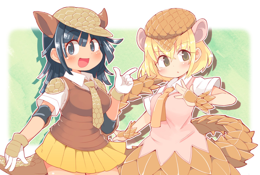 2girls :d :o armadillo_ears armadillo_tail blonde_hair blue_background blue_eyes blue_hair blush breasts brown_eyes brown_headwear brown_vest commentary_request contrapposto cowboy_shot crossed_bangs drop_shadow dutch_angle extra_ears giant_armadillo_(kemono_friends) giant_pangolin_(kemono_friends) gloves hair_between_eyes hand_up hat highres index_finger_raised ini_(inunabe00) kemono_friends long_hair looking_at_viewer medium_breasts multiple_girls necktie open_mouth orange_skirt outline pangolin_ears pangolin_tail parted_lips pink_vest pleated_skirt shirt short_sleeves simple_background skirt smile standing vambraces vest white_background white_gloves white_outline white_shirt yellow_neckwear yellow_skirt