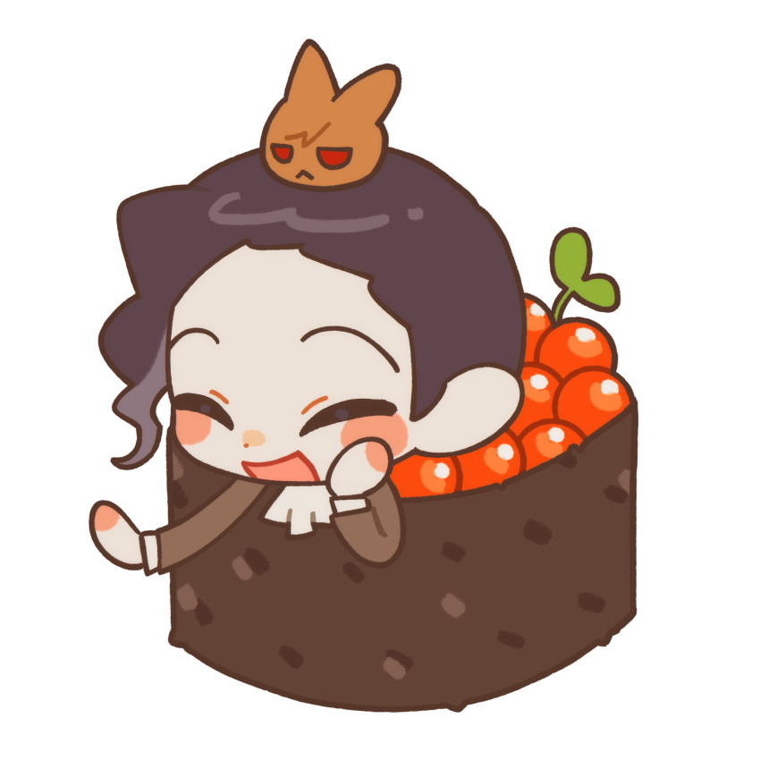 1boy :&lt; absurdres ascot black_hair blush_stickers brown_jacket chibi chibi_only closed_eyes closed_mouth commentary_request fish_(food) food forehead gunkanmaki harada_mutei highres ikura_(food) jacket jitome jjeom korean_commentary long_sleeves male_focus open_mouth red_eyes saibou_shinkyoku shirt short_hair simple_background smile solo sprout sushi utsugi_rangiri white_ascot white_background white_shirt