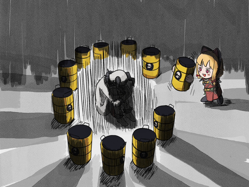 1girl 1other barrel blonde_hair blue_archive cowering daemonhost hair_ribbon highres momoi_(blue_archive) motion_lines parody psyker red_eyes ribbon shadow sidelocks spartagordon tress_ribbon trolling warhammer_40k warhammer_40k:_darktide