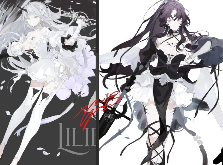 2girls :| black_corset breasts chest_markings cleavage closed_mouth collared_halterneck color_contrast corset detached_sleeves dress elbow_gloves feathered_wings feet_out_of_frame frilled_dress frills gloves grey_eyes hair_ribbon head_tilt high_ponytail holding holding_sword holding_weapon horns lance leggings long_hair looking_at_viewer low_wings multiple_girls original outstretched_legs polearm ponytail purple_hair ribbon shoulder_tattoo single_horn smile split_crop sword tattoo very_long_hair walking wavy_hair weapon white_dress white_hair white_leggings white_wings wings yoimon