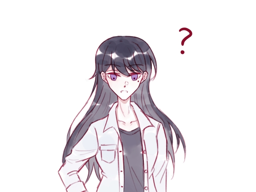 1girl ? bang_dream! bang_dream!_it&#039;s_mygo!!!!! black_hair black_shirt chinese_commentary commentary_request fleeing jacket long_hair mole mole_under_eye open_clothes open_jacket open_mouth purple_eyes shiina_taki shirt simple_background solo upper_body white_background white_jacket yanhuizuimo