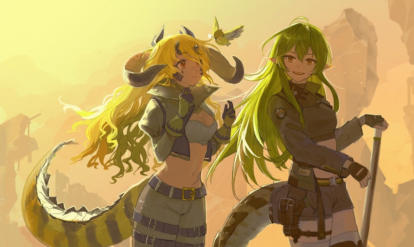 2girls absurdres antenna_hair arknights beak_hold belt bird black_gloves blonde_hair breasts commentary_request cowboy_shot crocodilian_tail crop_top cropped_jacket cuts day dragon_horns dragon_tail estelle_(arknights) facial_mark fingerless_gloves gavial_(arknights) gavial_(combat_medic)_(arknights) giving gloves green_hair hair_between_eyes hair_over_one_eye hand_on_hilt highres horns injury jacket jfjf juliet_sleeves large_breasts long_hair long_sleeves looking_at_another looking_to_the_side looking_up midriff mouth_hold multicolored_hair multiple_girls navel official_alternate_costume open_clothes open_jacket outdoors pants parted_lips photoshop_(medium) pointy_ears ponytail pouch puffy_sleeves red_eyes revision ruins scar smile surprised tail thigh_strap thighhighs two-tone_hair wavy_hair white_thighhighs
