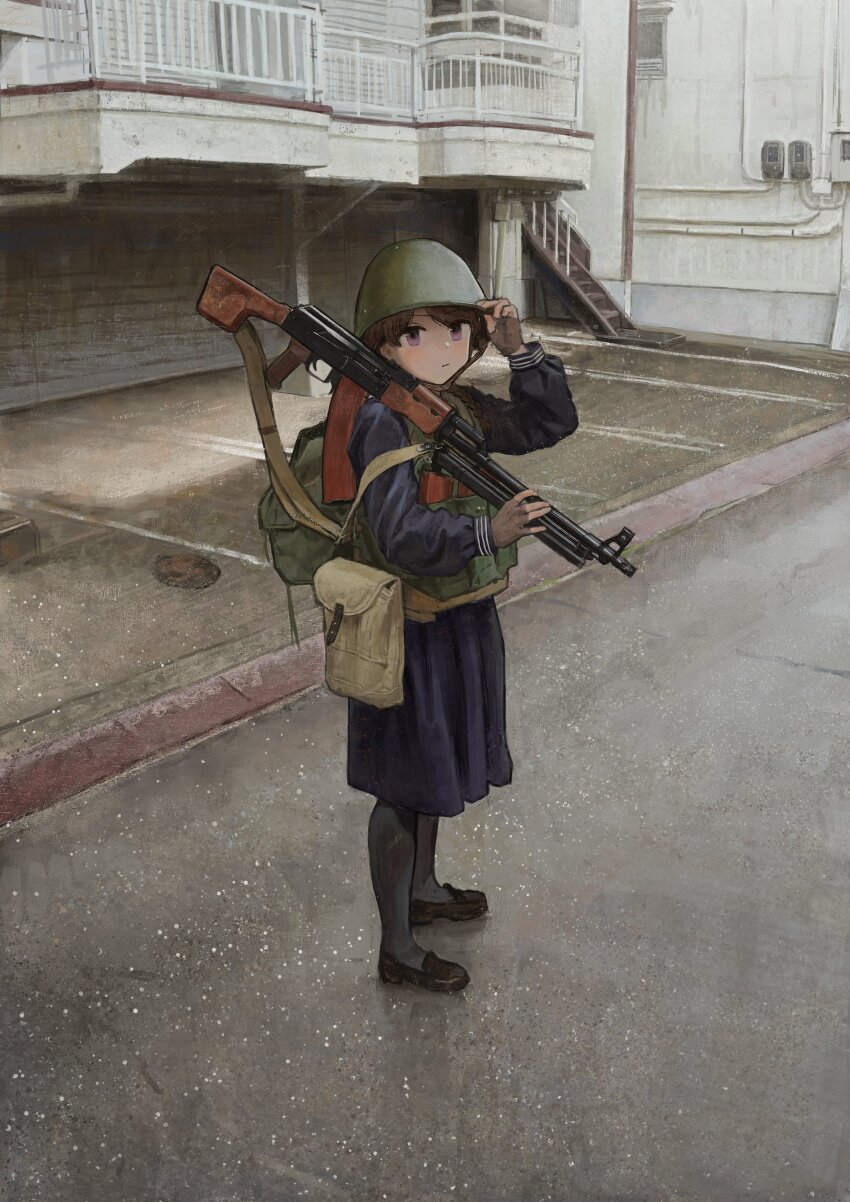 1girl absurdres adjusting_clothes adjusting_headwear ammunition_pouch backpack bag bipod brown_hair chest_rig expressionless full_body garoppui gun helmet highres holding holding_gun holding_weapon light_machine_gun loafers long_sleeves machine_gun magazine_(weapon) original outdoors pouch purple_eyes rpk-74 school_uniform serafuku shoes skirt solo standing tactical_school_uniform weapon