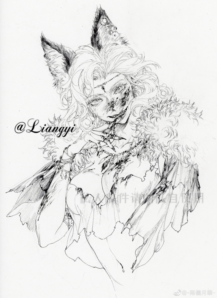 absurdres animal_ear_fluff animal_ears artist_name bead_necklace beads blood blood_on_clothes blood_on_face blood_on_hands bracelet breasts chinese_commentary circlet closed_mouth commentary_request commission crop_top eyelashes forehead greyscale head_tilt highres jewelry large_breasts liangyi_yuehua licking licking_finger long_hair looking_at_viewer messy_hair monochrome multiple_bracelets necklace nib_pen_(medium) open_mouth original pen_(medium) sample_watermark sharp_teeth shirt short_sleeves smile teeth torn_clothes torn_shirt torn_sleeves traditional_media watermark weibo_watermark wolf_ears