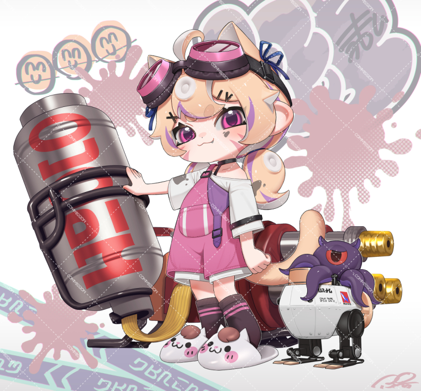 1girl :3 ahoge animal_ears animal_slippers autobomb_(splatoon) black_choker blonde_hair brown_socks cat_ears cat_girl cat_slippers cat_tail chibi chibi_only choker closed_mouth collarbone commission dot_nose extra_ears facial_mark fang fang_out full_body goggles goggles_on_head hair_ornament hairclip hydra_splatling_(splatoon) long_hair low_twintails multicolored_hair nintendo octoling octoling_girl octoling_player_character overalls pink_eyes pink_overalls puchiman purple_hair shirt sidelocks slippers smile socks solo splatoon_(series) streaked_hair suspenders suspenders_slip tail tentacle_hair thick_eyebrows twintails two-tone_hair watermark whisker_markings white_shirt white_slippers x_hair_ornament