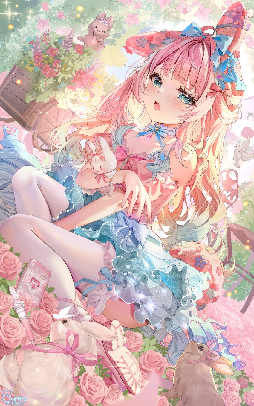 1girl absurdres animal_ears blue_bow blue_choker blue_eyes blue_flower blue_skirt bow choker fang flower frilled_choker frills gradient_hair hair_bow hair_flower hair_ornament highres indie_virtual_youtuber isari_sensei long_hair multicolored_hair open_mouth pink_bow pink_flower pink_hair pink_rose pink_shoes rabbit rabbit_ears rabbit_girl red_flower rose shoes skin_fang skirt solo stuffed_animal stuffed_rabbit stuffed_toy thighhighs torinny_(vtuber) twitter_username virtual_youtuber wheel white_thighhighs