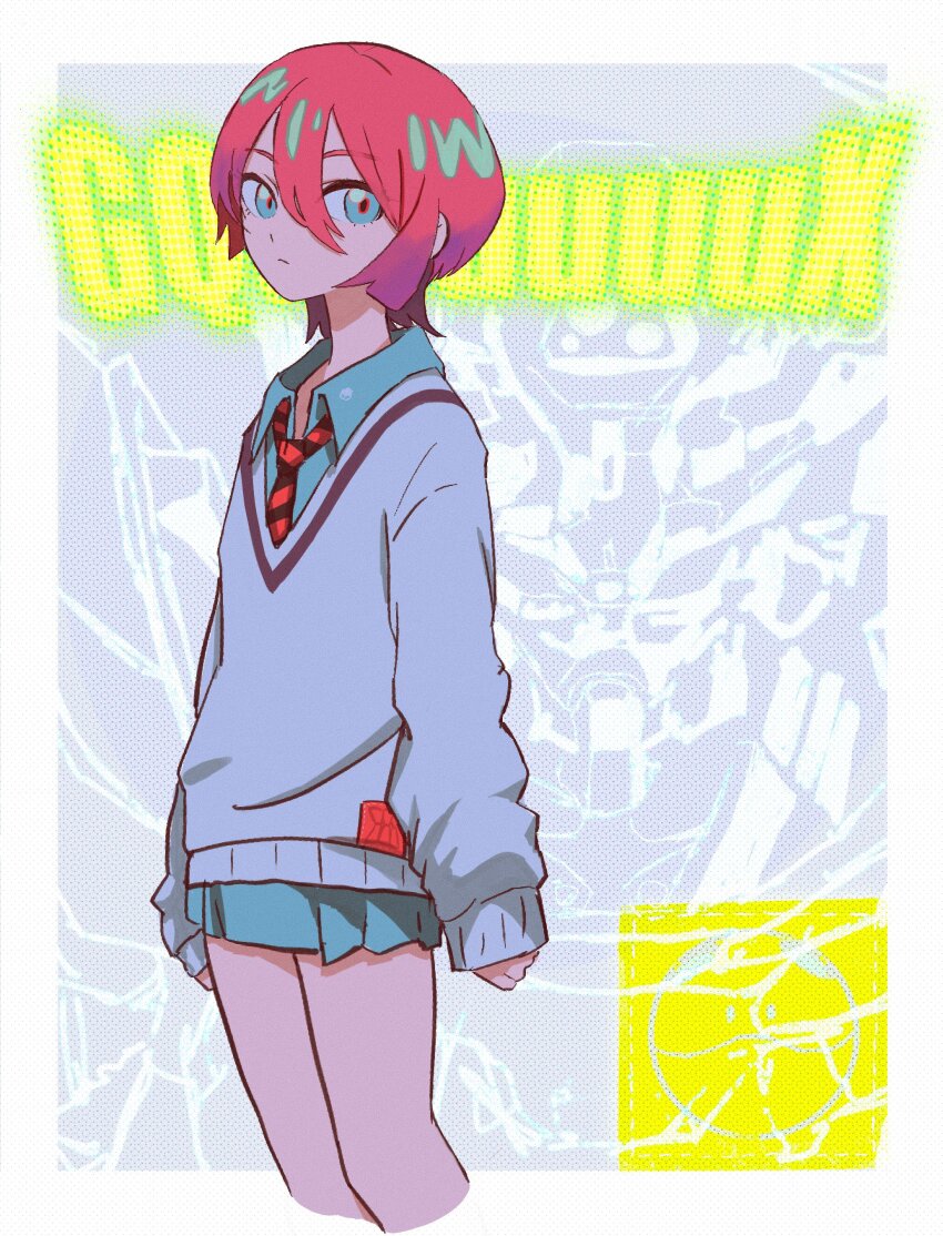 1girl absurdres amate_yuzuriha aqua_eyes aqua_shirt aqua_skirt border closed_mouth collared_shirt commentary copyright_name cowboy_shot cropped_legs diagonal-striped_clothes diagonal-striped_necktie gquuuuuux gradient_hair grey_background gundam gundam_gquuuuuux hair_between_eyes haro highres long_sleeves looking_at_viewer lui_n24 multicolored_hair necktie pink_hair purple_hair red_necktie shirt short_hair skirt sleeves_past_wrists solo striped_clothes sweater thighs white_border white_sweater