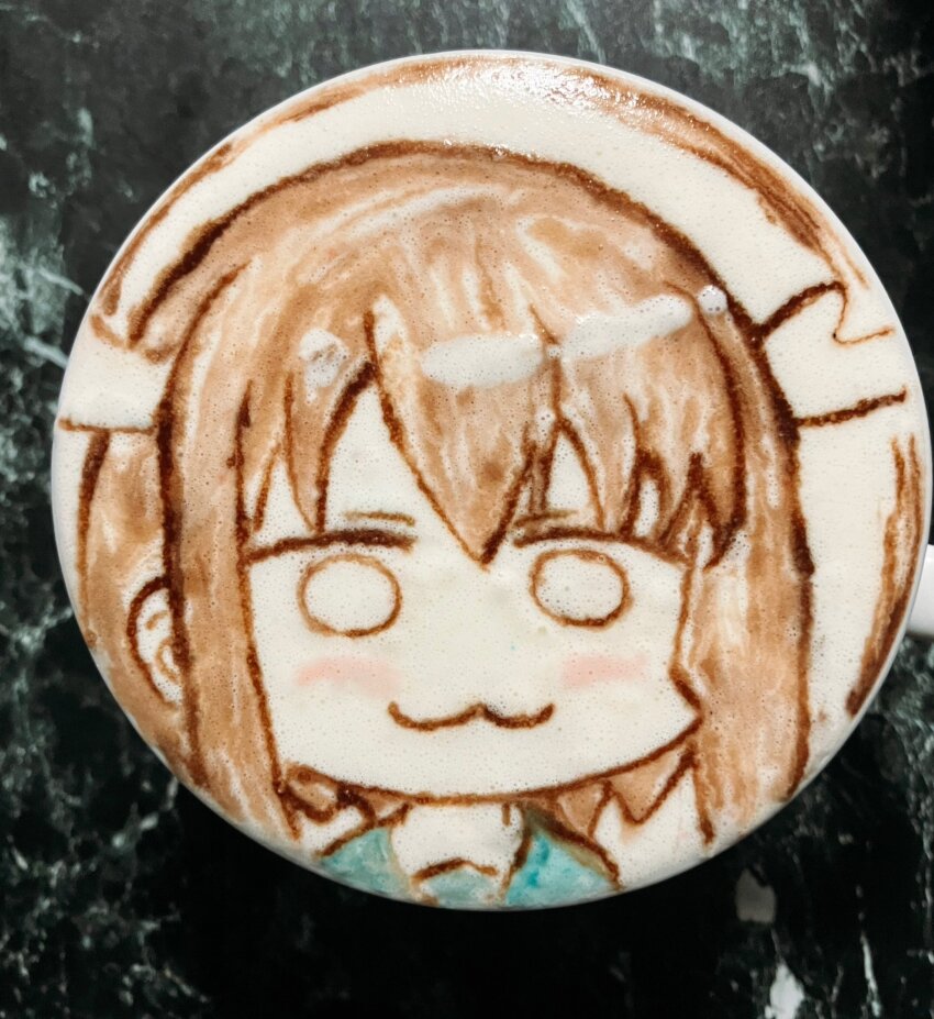 1girl :3 antlers blue_sailor_collar blush brown_hair closed_mouth coffee commentary_request deer_antlers deer_girl food_art_(medium) highres horns latte_art latte_art_(medium) long_hair no_pupils photo_(medium) portrait r_(naor323334) sailor_collar school_uniform serafuku shikanoko_noko shikanoko_nokonoko_koshitantan sidelocks smile solo unconventional_media