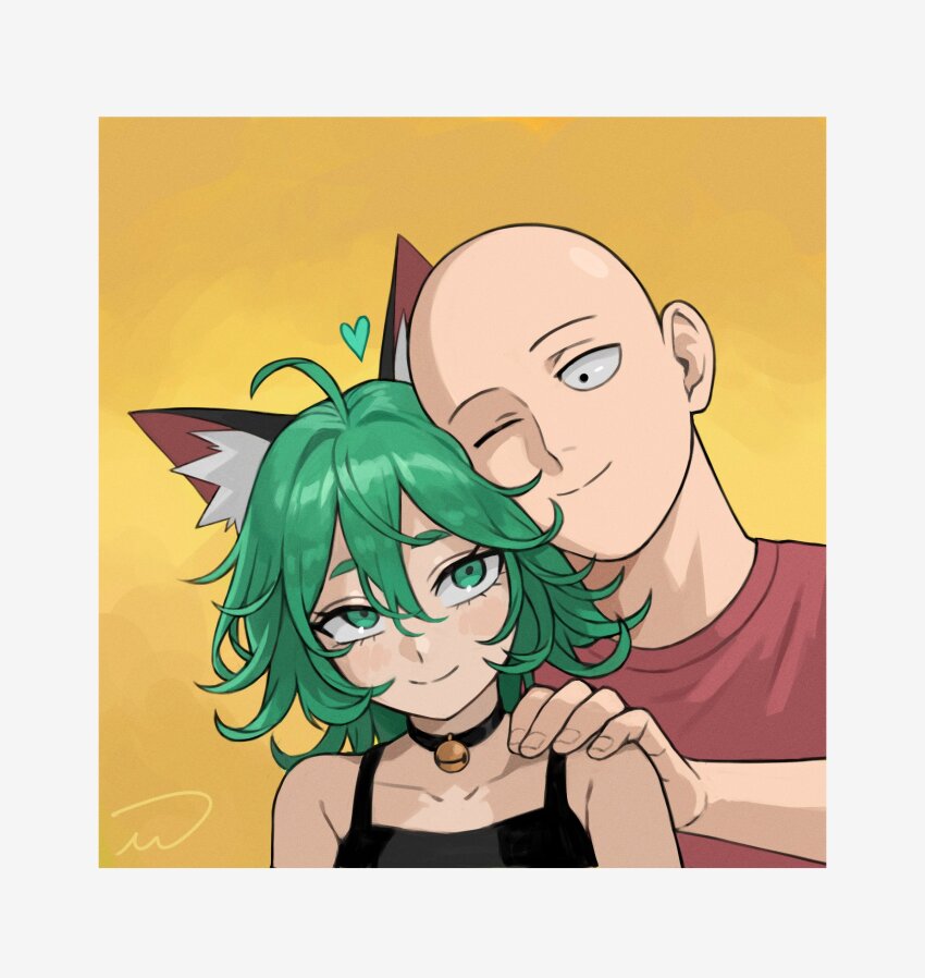 1boy 1girl absurdres ahoge animal_ear_fluff animal_ears bald black_choker cat_ears choker closed_mouth green_eyes green_hair hand_on_another&#039;s_shoulder heart highres mogglebear neck_bell one-punch_man one_eye_closed portrait saitama_(one-punch_man) short_hair sleeveless smile tatsumaki