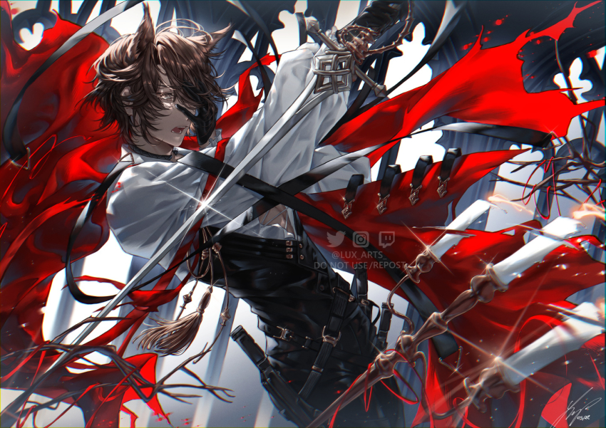 1boy animal_ears arknights belt black_belt black_gloves black_hair black_vest candle cat_ears cowboy_shot gloves holding holding_sword holding_weapon lux_casari male_focus no_headwear no_headwear official_alternate_costume open_mouth phantom_(arknights) phantom_(focus)_(arknights) rapier reverse_grip shirt short_hair solo standing sword vest weapon white_shirt