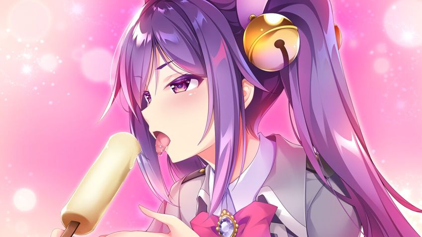 1girl bell blazer bow bowtie collared_jacket food game_cg gradient_hair hair_bell hair_ornament hoshi_no_otome_to_rikka_no_shimai jacket linaria_mint long_hair multicolored_hair mutou_kurihito nanotaro pink_background pink_bow pink_bowtie pink_eyes pink_hair popsicle purple_hair saliva shirt solo tongue tongue_out twintails upper_body very_long_hair white_shirt wing_collar