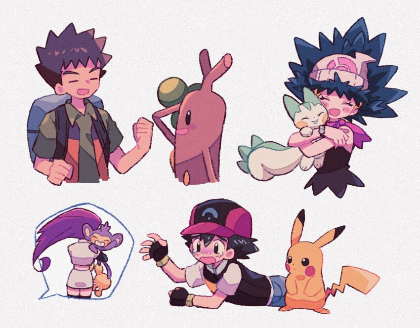 2boys 2girls aipom alternate_hairstyle animal animal_hug arm_up arms_up ash_ketchum backpack bag baseball_cap beanie black_eyes black_gloves black_hair black_shirt black_thighhighs black_vest blue_bag blue_hair blue_pants blush_stickers bracelet bright_pupils brock_(pokemon) brown_hair buck_teeth clenched_hands closed_eyes collared_shirt commentary crop_top cropped_torso dawn_(pokemon) facing_away fingerless_gloves gen_1_pokemon gen_2_pokemon gen_4_pokemon gloves goodbye green_shirt grey_background hair_ornament hand_on_own_forehead hand_up happy hat highres hug jessie_(pokemon) jewelry long_hair looking_at_another lying mgomurainu miniskirt monkey multicolored_headwear multiple_boys multiple_girls nintendo on_stomach open_mouth orange_vest pachirisu pants pikachu pink_scarf pokemon pokemon_(anime) pokemon_(creature) pokemon_dppt_(anime) purple_hair reaching scarf shirt short_hair simple_background skirt sleeveless sleeveless_shirt spiked_hair squirrel standing static_electricity sudowoodo tearing_up teeth thighhighs upper_body vest waving white_headwear white_shirt white_skirt