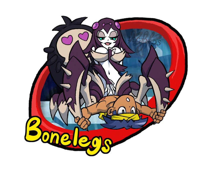 1boy 1girl arthropod_girl bolo_(shantae) bonelegs_(shantae) chibi cowgirl_position femdom hetero highres insect_girl legendsnjk monster_girl nude pinned shantae_(series) short_hair spider_girl spikes straddling vaginal