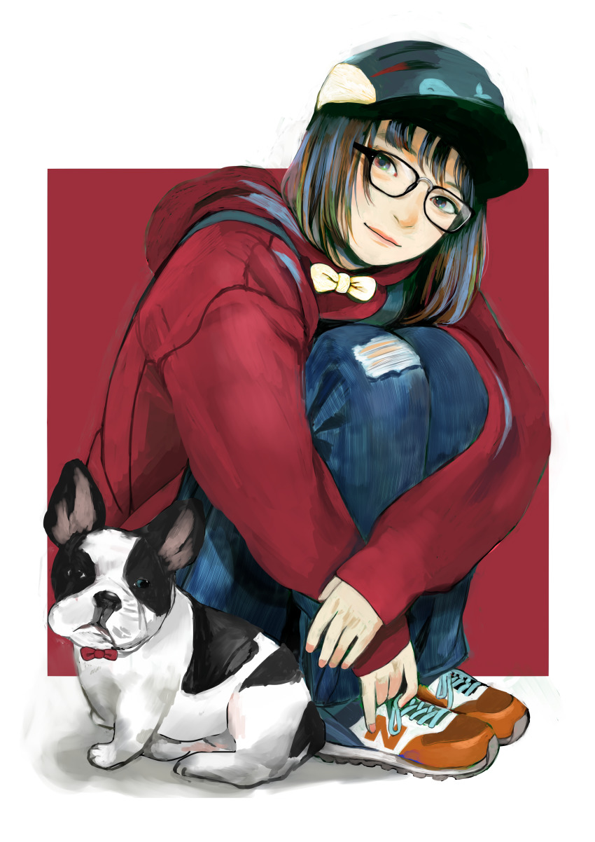 1girl absurdres denim dog full_body glasses hat highres hood hoodie jeans junjunforever looking_at_viewer multicolored_shoes orange_shoes original pants red_background red_hoodie shoes short_hair sneakers squatting torn_clothes two-tone_background white_background white_shoes