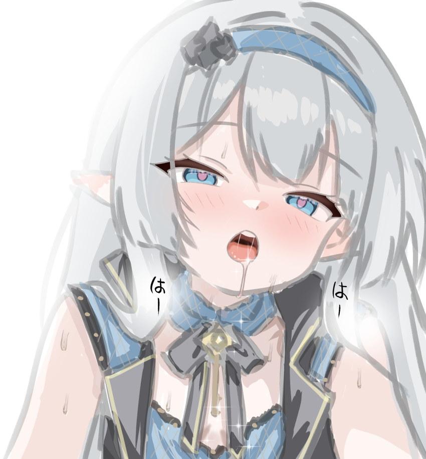 1girl after_kiss black_dress black_ribbon blue_dress blue_eyes blue_hairband checkered_clothes checkered_dress checkered_hairband commentary_request dress female_tyrant_(stella_sora) gallve grey_hair hair_ornament hairband head_tilt heart heart-shaped_pupils heavy_breathing highres jewelry key key_necklace layered_dress loli looking_at_viewer narrowed_eyes neck_ribbon necklace pointy_ears pov ribbon saliva saliva_trail simple_background sketch sleeveless sleeveless_dress solo stella_sora sweat symbol-shaped_pupils teeth tongue tyrant_(stella_sora) upper_body upper_teeth_only white_background