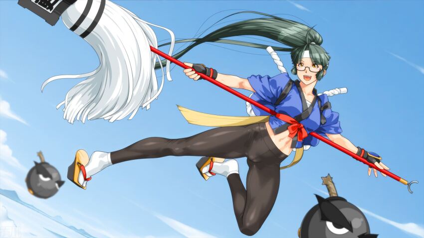 1girl :d abs black-framed_eyewear black_gloves black_leggings blue_shirt blue_sky breasts broom brown_eyes cloud collarbone commentary_request day fingerless_gloves glasses gloves green_hair high_ponytail highres holding holding_broom leggings navel open_mouth original ponytail qkat_(arikawa-dou) sandals shirt sky smile socks solo stomach white_socks