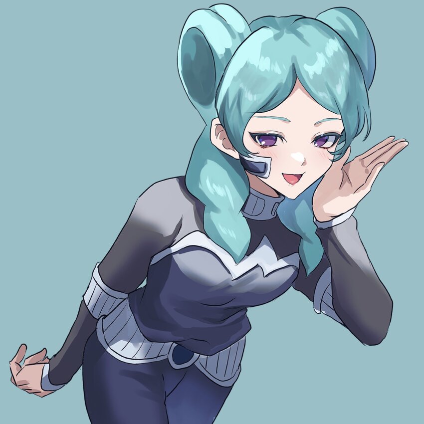 1girl aqua_background aqua_hair beta_(inazuma_eleven) black_bodysuit blue_pants bodysuit commentary double_bun hair_bun highres inazuma_eleven inazuma_eleven_(series) inazuma_eleven_go inazuma_eleven_go_chrono_stone light_blush looking_at_viewer pants protocol_omega purple_eyes shiro_(deucqvhzjb2blzg) smile solo symbol-only_commentary
