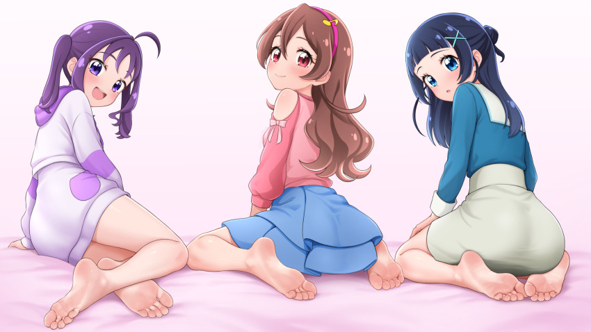 3girls ahoge aokaze_nana aqua_ribbon barefoot blue_eyes blue_hair blue_shirt blue_skirt blush brown_hair closed_mouth clothing_cutout commentary commentary_request feet fortissimo grey_skirt hair_bun hair_intakes hair_ornament hair_ribbon hairband highres hinosaki hood hoodie kimi_to_idol_precure long_hair long_sleeves medium_hair multiple_girls musical_note musical_note_hair_ornament open_mouth paid_reward_available partial_commentary pink_hairband precure purple_eyes purple_hair purple_hoodie purple_skirt red_eyes red_shirt ribbon sakura_uta_(precure) shigure_kokoro shirt shoulder_cutout single_hair_bun skirt smile soles toes twintails