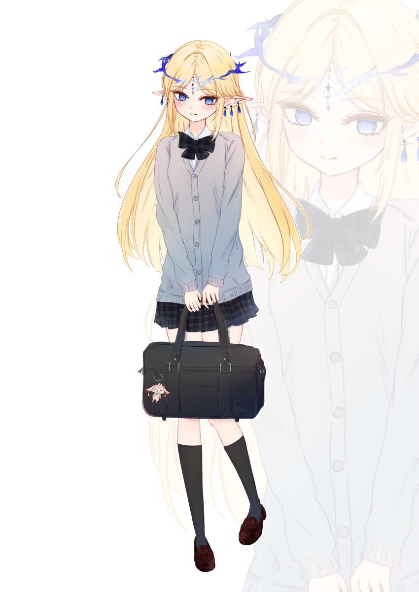 1girl abby_(wuthering_waves) absurdres bag black_bow black_bowtie black_skirt black_socks blonde_hair blue_eyes bow bowtie brown_shoes cartethyia_(wuthering_waves) character_charm charm_(object) closed_mouth commentary_request crown_of_thorns earrings grey_card highres holding holding_bag jewelry looking_at_viewer objectification obyake pointy_ears school_bag shoes simple_background skirt socks solo tacet_mark_(wuthering_waves) white_background wuthering_waves zoom_layer