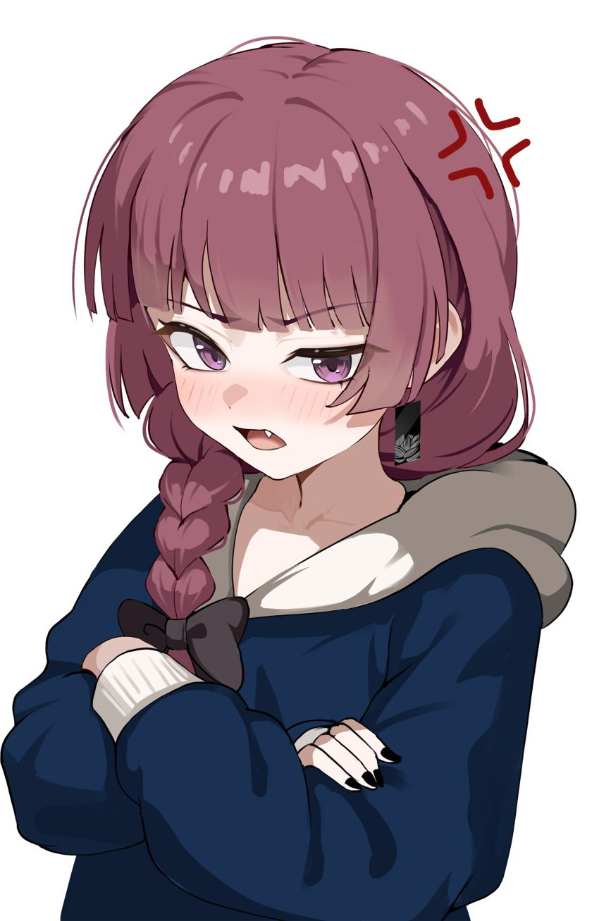 1girl absurdres agm alicia_(regressor_instruction_manual) anger_vein angry black_bow black_nails blue_hoodie blush bocchi_the_rock! bow braid charlota_(regressor_instruction_manual) collarbone commentary crossed_arms earrings fang fingernails hair_bow highres hiroi_kikuri hood hoodie jewelry long_hair long_sleeves looking_at_viewer nail_polish ofuda_earrings open_mouth regressor_instruction_manual solo white_background