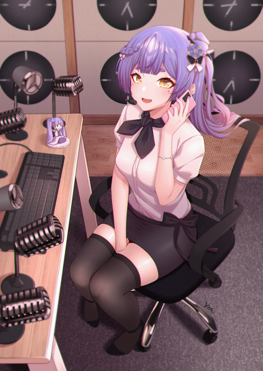 1girl absurdres azusa_(vtuber) virtuareal_link between_legs black_footwear black_skirt black_thighhighs bow braid breasts cellphone chair character_doll chuansongdai computer_keyboard hair_bow hair_ornament hand_between_legs high_heels highres holding holding_phone indoors jewelry long_hair looking_at_viewer medium_breasts microphone nijisanji open_mouth pencil_skirt phone purple_hair shirt short_sleeves sitting skirt smartphone smile solo swivel_chair talking_on_phone thighhighs virtual_youtuber virtuareal white_shirt yellow_eyes