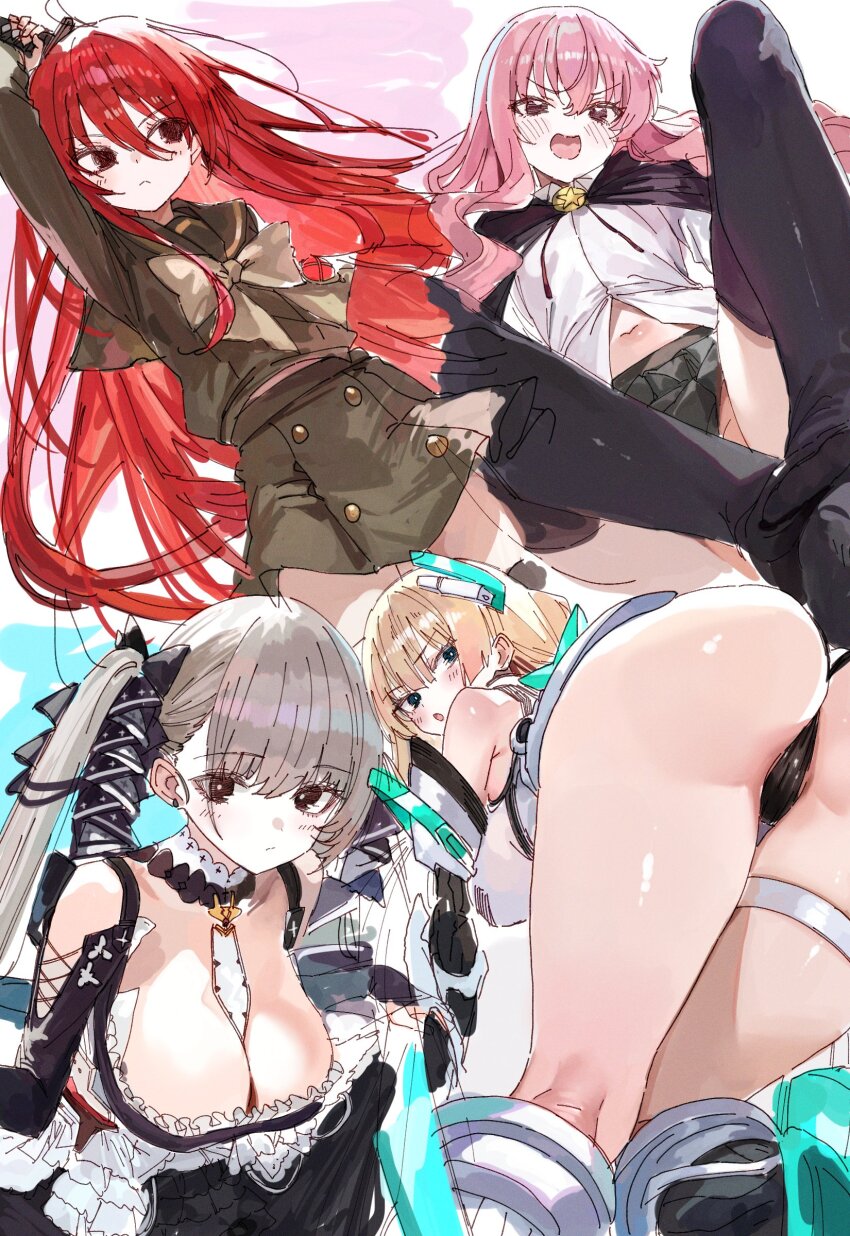 4girls absurdres angela_balzac ass azur_lane between_breasts black_dress black_ribbon blonde_hair bow bowtie breasts brown_hair cleavage closed_mouth clothes_lift dress dress_lift formidable_(azur_lane) frilled_dress frills green_skirt hair_ribbon highres holding holding_sword holding_weapon kugimiya_rie large_breasts long_hair looking_at_viewer louise_francoise_le_blanc_de_la_valliere midriff_peek multiple_girls navel pink_hair rakuen_tsuihou red_eyes red_hair ribbon shakugan_no_shana shana skirt suujiniku sword thigh_strap twintails two-tone_dress two-tone_ribbon very_long_hair voice_actor_connection weapon white_dress white_ribbon zero_no_tsukaima