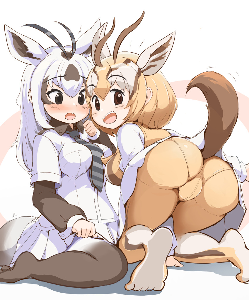 2girls absurdres animal_ears antenna_hair antlers arabian_oryx_(kemono_friends) ass black_hair blonde_hair blush breasts brown_eyes brown_hair cameltoe commission extra_ears gazelle_ears gazelle_horns gazelle_tail gloves highres horns kemono_friends kemono_friends_3 koutsuu_(koutuukanseikan) large_breasts lion_ears long_hair long_sleeves looking_at_viewer multicolored_hair multiple_girls necktie open_mouth panties panties_under_pantyhose pantyhose pixiv_commission pleated_skirt shirt short_hair short_sleeves skirt smile tail thomson&#039;s_gazelle_(kemono_friends) underwear white_hair