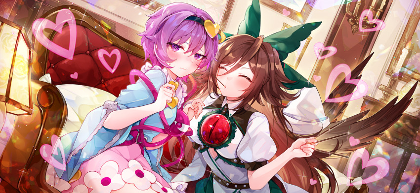 2girls bird_wings black_hairband blue_shirt blush bow breasts brown_hair buttons candle closed_eyes closed_mouth commentary_request couch cushion eyeball food food_in_mouth frilled_shirt_collar frilled_sleeves frills game_cg green_bow green_skirt hair_bow hair_ornament hairband heart heart_button heart_hair_ornament holding holding_food holding_pocky hutuu_(1121) indoors komeiji_satori lamp long_hair long_sleeves looking_at_viewer multiple_girls official_art on_couch painting_(object) picture_frame pink_skirt pocky pocky_in_mouth pocky_kiss purple_eyes purple_hair reiuji_utsuho shared_food shirt sitting skirt sweatdrop third-party_source third_eye third_eye_on_chest touhou touhou_gensou_eclipse very_long_hair white_shirt wide_sleeves wings yuri