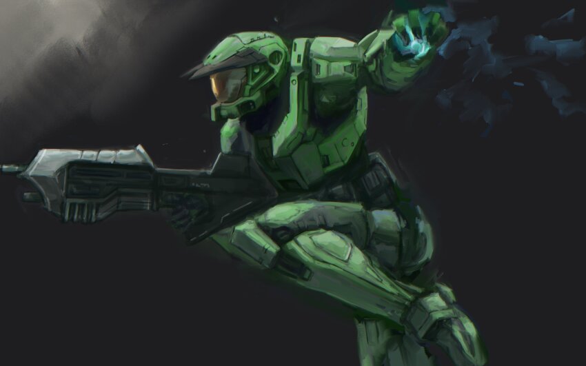 1boy absurdres armor assault_rifle black_background bullpup dashimaki_(dasimakitama50) explosive grenade gun halo:_combat_evolved halo_(series) helmet highres holding holding_grenade holding_gun holding_weapon ma5 male_focus master_chief plasma_grenade_(halo) power_armor rifle running science_fiction solo spartan_(halo) weapon