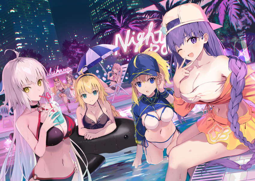 6+girls ahoge artoria_pendragon_(fate) baseball_cap bb_(fate) bb_(swimsuit_mooncancer)_(fate) bb_(swimsuit_mooncancer)_(first_ascension)_(fate) bikini braid breasts chair cup disposable_cup drinking_straw fate/grand_order fate_(series) hairband hat highres horns ibaraki_douji_(fate) ibaraki_douji_(fate/grand_order) ibaraki_douji_(swimsuit_lancer)_(fate) ibaraki_douji_(swimsuit_lancer)_(first_ascension)_(fate) inflatable_orca inflatable_toy jeanne_d&#039;arc_(fate) jeanne_d&#039;arc_(swimsuit_archer)_(fate) jeanne_d&#039;arc_(swimsuit_archer)_(first_ascension)_(fate) jeanne_d&#039;arc_alter_(fate) jeanne_d&#039;arc_alter_(swimsuit_berserker)_(fate) large_breasts long_hair lounge_chair medb_(fate) medb_(swimsuit_saber)_(fate) medb_(swimsuit_saber)_(second_ascension)_(fate) motto_(night_wear) multiple_girls mysterious_heroine_x_(fate) mysterious_heroine_xx_(fate) neon_lights night one_eye_closed palm_tree parasol ponytail pool revision smile swimsuit tree umbrella ushiwakamaru_(fate) ushiwakamaru_(fate/grand_order) ushiwakamaru_(swimsuit_assassin)_(fate) ushiwakamaru_(swimsuit_assassin)_(first_ascension)_(fate) wet