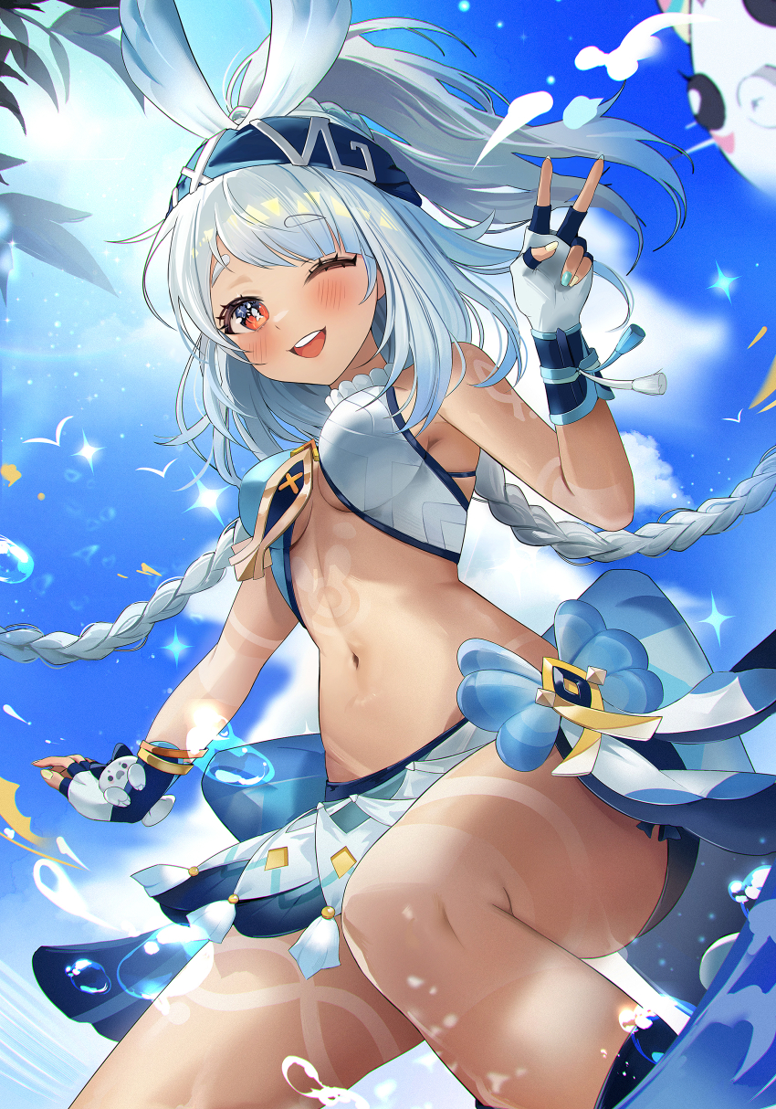 1girl absurdres air_bubble bare_shoulders blue_gloves braid bubble fingerless_gloves genshin_impact gloves highres long_hair looking_at_viewer mualani_(genshin_impact) navel one_eye_closed open_mouth outdoors smile solo stomach symbol-shaped_pupils teeth two-tone_gloves upper_teeth_only white_gloves white_hair zije