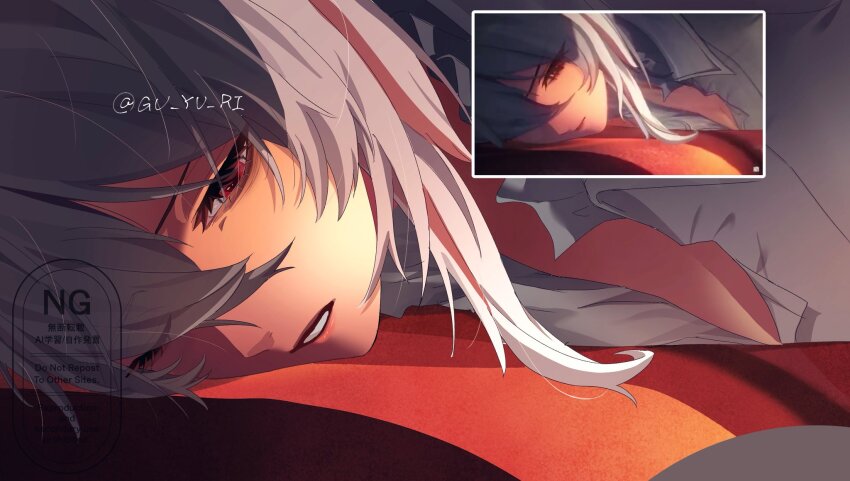 1girl bed breasts cleavage collared_shirt commentary_request derivative_work grey_hair gu_yu_ri highres medium_hair multicolored_hair one_eye_closed parted_lips red_eyes screenshot_redraw shirt solo streaked_hair waking_up white_shirt wuthering_waves zani_(wuthering_waves)
