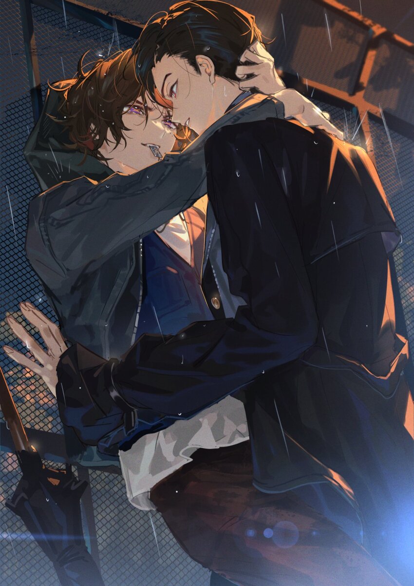 2boys azuma_michinaga bishounen black_jacket black_shirt brown_eyes buffalo chainsaw character_name doran_(doran7280) fence fingernails green_jacket highres hug imminent_kiss jacket jewelry kamen_rider kamen_rider_geats_(series) long_fingernails male_focus multiple_boys necklace pants print_shirt print_vest purple_eyes rain shirt ukiyo_ace vest water_drop white_shirt yaoi