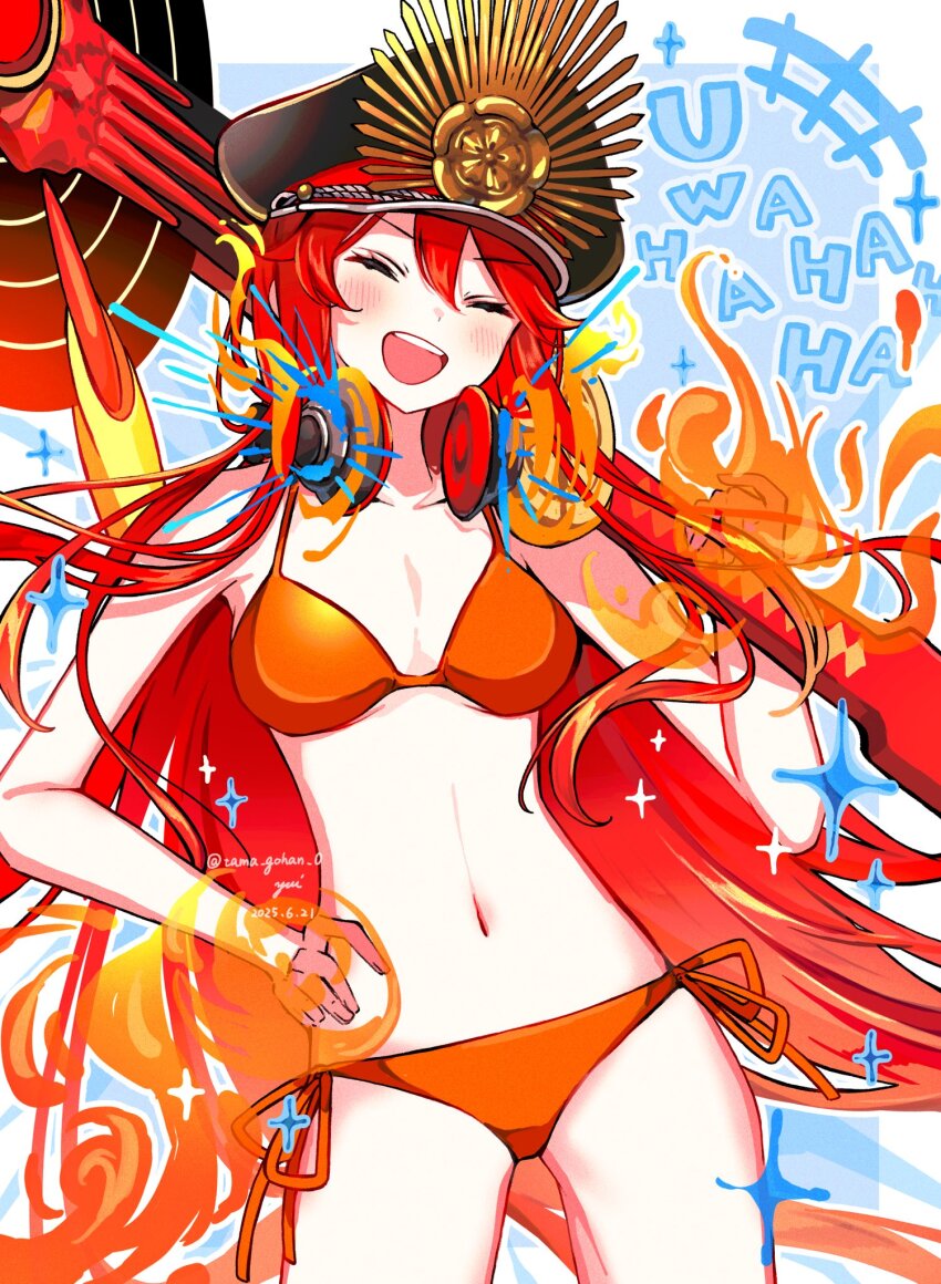 1girl bikini fate/grand_order fate_(series) fire hand_on_own_hip hat headphones headphones_around_neck highres laughing long_hair military_hat navel oda_nobunaga_(fate) oda_nobunaga_(swimsuit_berserker)_(fate) oda_nobunaga_(swimsuit_berserker)_(third_ascension)_(fate) orange_bikini over_shoulder red_hair side-tie_bikini_bottom swimsuit weapon weapon_over_shoulder yui_(tamagohan)