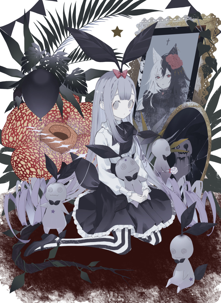 1girl @_@ absurdres balloon black_bow black_bowtie black_shoes black_skirt blood blood_on_ground bow bowtie broken_mirror center_frills commentary different_reflection facial_mark fern frilled_skirt frills full_body grey_hair hair_bow highres holding holding_stuffed_toy kneeling kotarou_(kot_mochi) long_hair long_sleeves looking_at_viewer mark_under_eye mary_janes mirror original pale_skin pantyhose parted_lips plant_on_head portrait_(object) puffy_long_sleeves puffy_sleeves red_bow reflection ringlets shirt shoes single_sidelock skirt solo star_(symbol) star_facial_mark striped_clothes striped_pantyhose stuffed_toy vertical-striped_clothes vertical-striped_pantyhose very_long_hair white_pantyhose white_shirt
