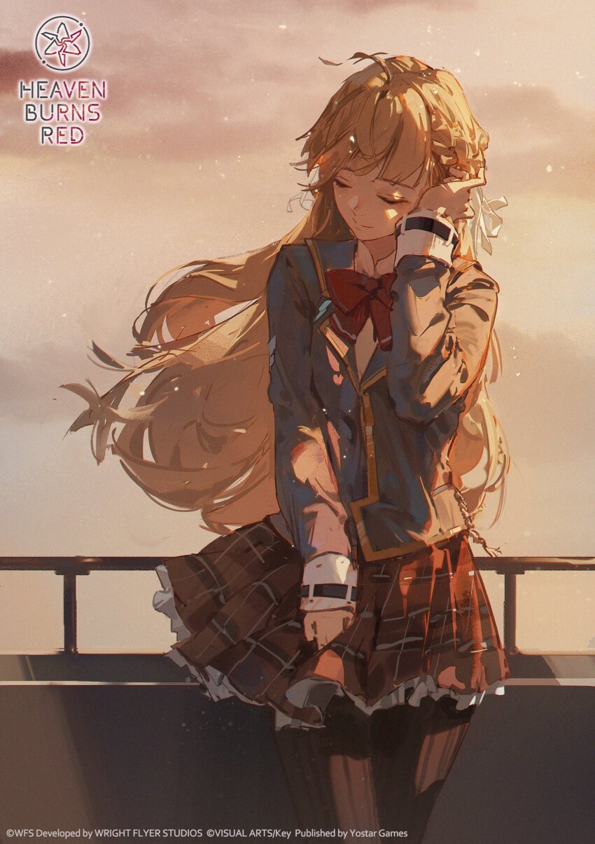1girl absurdres blonde_hair blue_jacket bow braid closed_eyes dawn dino_(dinoartforame) floating_hair half_up_braid heaven_burns_red highres jacket long_hair long_sleeves red_bow ribbon solo toujou_tsukasa white_ribbon wind