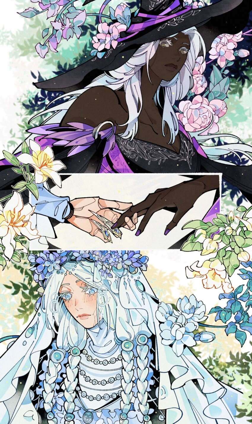 2girls bare_shoulders black_dress blue_eyes dark_skin doll_joints drenched-in-sunlight dress elden_ring elden_ring_nightreign flower hat head_wreath highres holding_hands jewelry joints large_hat long_hair long_sidelocks looking_down low_twintails multiple_girls necklace pale_skin purple_nails recluse_(elden_ring) revenant_(elden_ring) sidelocks twintails upper_body veil very_long_hair white_background white_hair white_veil witch witch_hat yellow_eyes