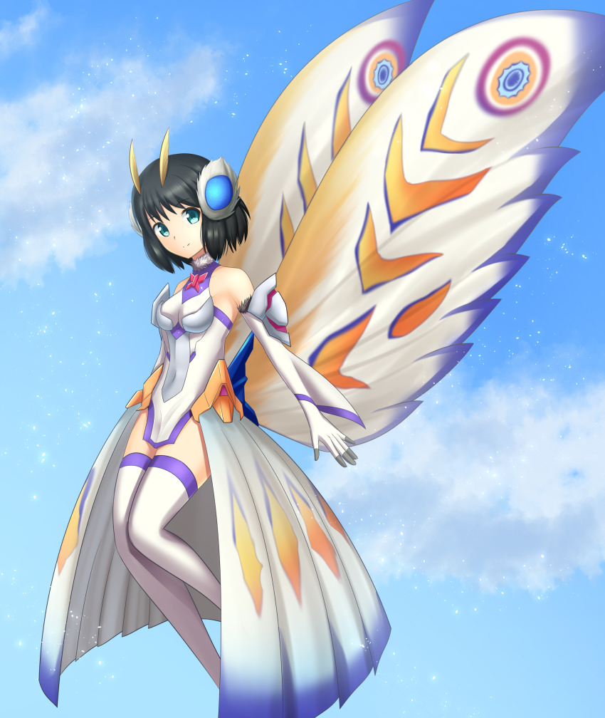 1girl absurdres antennae armor arthropod_girl black_hair blue_eyes blue_sky breasts bug claws cloud commentary crossover day eternal_mothra godzilla_(series) green_eyes highres insect insect_girl insect_wings kohinata_miku kusunotaiboku oversized_wings medium_breasts monster moth moth_girl moth_wings mothra mothra_(series) rebirth_of_mothra_iii senki_zesshou_symphogear senki_zesshou_symphogear_xd_unlimited short_hair sky smile symphogear_pendant wings x-drive_(symphogear)