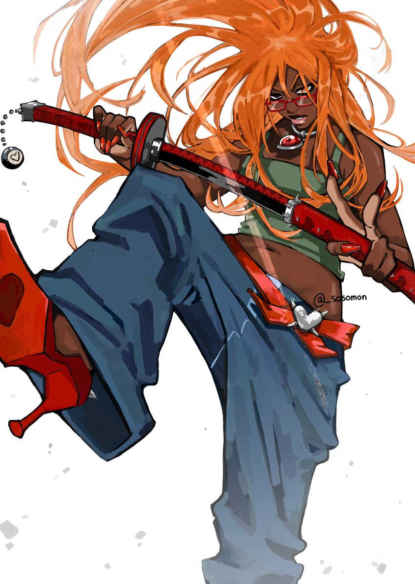 1girl absurdres dark-skinned_female dark_skin highres katana lips pants sosomon sword tagme weapon