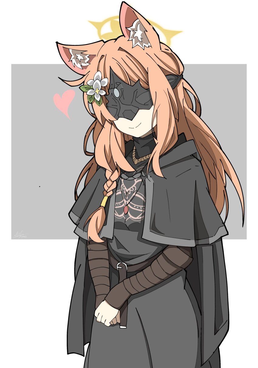 1girl animal_ear_fluff animal_ears black_cape blindfold blue_archive cape capelet cat_ears cat_girl cosplay covered_eyes dark_souls_(series) dark_souls_i fire_keeper fire_keeper_(cosplay) halo heart highres long_hair mari_(blue_archive) mask smile solo user_zugh5444